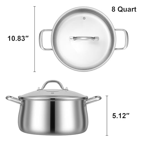 8QT Tri-Ply Stainless Steel Induction Stock Pot with Lid - Heavy Duty Cooking