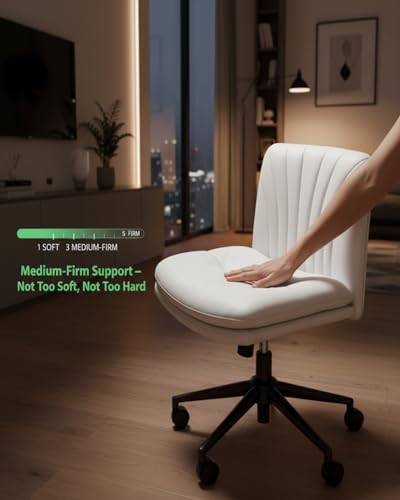 Armless Office Desk Chair with Wheels - PU Leather Wide Swivel Task Chair, Adjustable, Light Beige