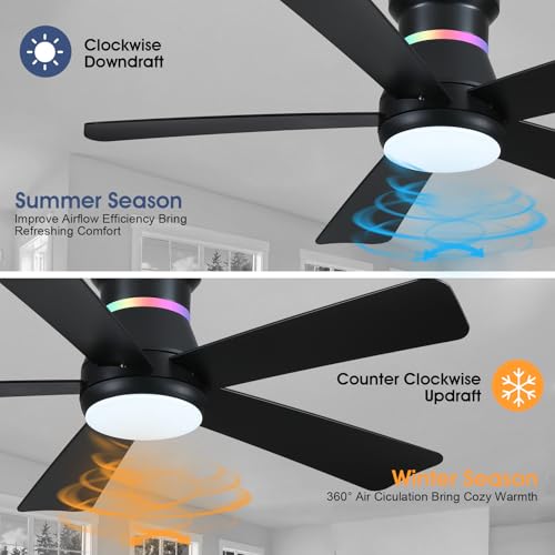 Black 46-Inch Ceiling Fan with RGB Lights - Flush Mount, Dimmable LED, Modern Low Profile