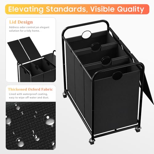 Black 3-Section 180L Rolling Laundry Sorter with Lid and Wheels