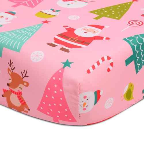 Cloele Christmas Crib Sheet Santa Fitted Sheet for Girls - Pink Animal Baby Nursery Sheet Cozy Bed Sheet for Standard Crib and Toddler Mattresses - Snowman Crib Mattress Infant Toddler Sheet