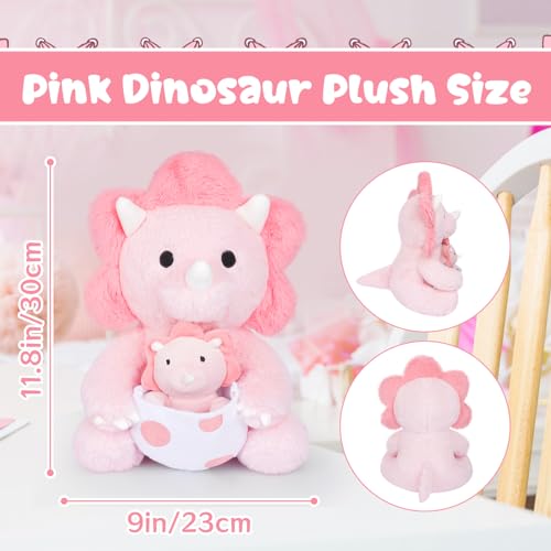 Pink Dinosaur Stuffed Animal, 11.8inch Pink Dinosaur Plush with Baby Dino for Kids, Dino Toy Kawaii Triceratops Cuddle Plush Pillow for Girls Boys, Christmas Birthday Gifts