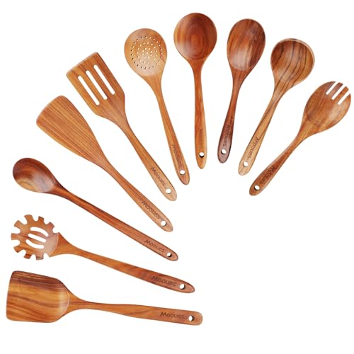 Mooues Wooden Cooking Utensils Set - Natural Teak Kitchen Tools, 10 Pieces