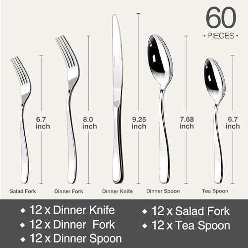 Stilloye 18/10 Stainless Steel Silverware Set for 12 - 60 Piece Flatware Cutlery