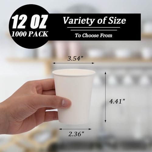 12 oz Paper Coffee Cups Bulk Pack - White, 1000 Count, Sturdy & Leak-Resistant