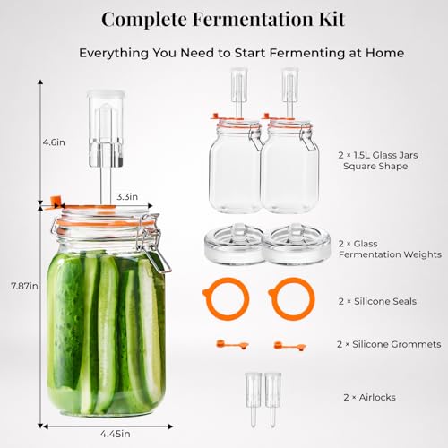 JILLMO 1.5L Wide Mouth Glass Fermentation Jar with Airlock & Weights - 2 Pack