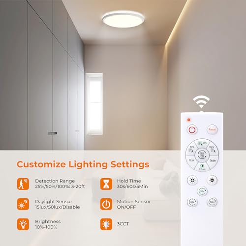 Matane 12-Inch White Wired Motion Sensor LED Ceiling Light with Remote - Dimmable 3000K-5000K