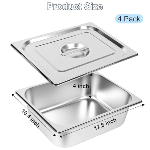 1/2 Size Stainless Steel Hotel Pans with Lids - 4 Pack, 4 Inch Deep, Commercial Food Storage & Catering