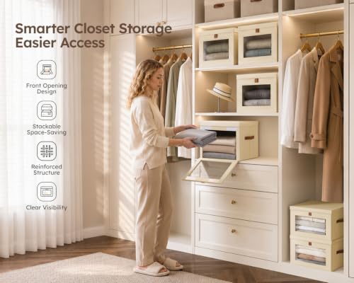 Beige XL 4-Pack Closet Storage Bins with Front Lids - Stackable Organizers