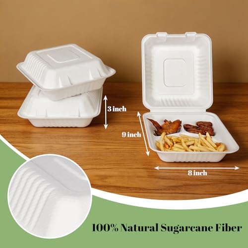 Lucklot 100 Pack 8x9 Inch Compostable Bagasse Food Containers - Eco-Friendly Takeout