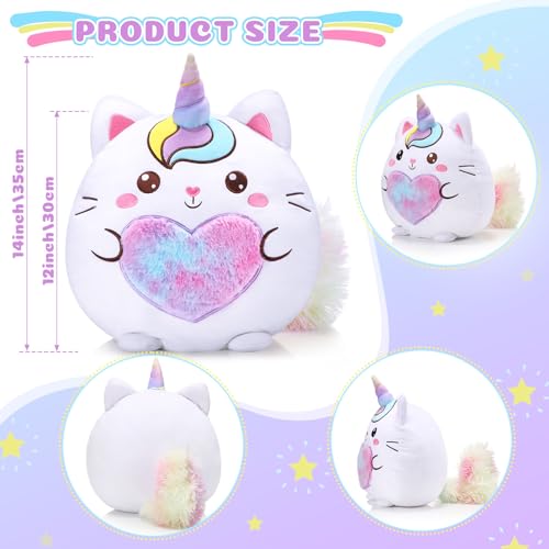 Leyndo Stuffed Unicorn Pillow Plush 14 Inch Cat Plush Toy Unicorn Cat Stuffed Animal Birthday Kitty Plushies Pillow for Christmas Birthday Kids Toddlers Girls Boys Room Sofa Car Decor(Cute)