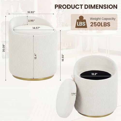 White Velvet Vanity Chair with Storage & 360° Swivel - Set of 1
