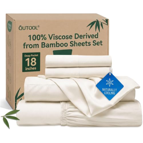 QUTOOL Bamboo Viscose King Bed Sheets Set Ivory 4PC Cooling Luxury Bedding