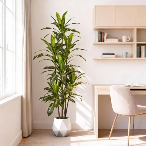 6FT Artificial Dracaena Tree - Tall Indoor Faux Plant with Lifelike Leaves for Home Office Decor