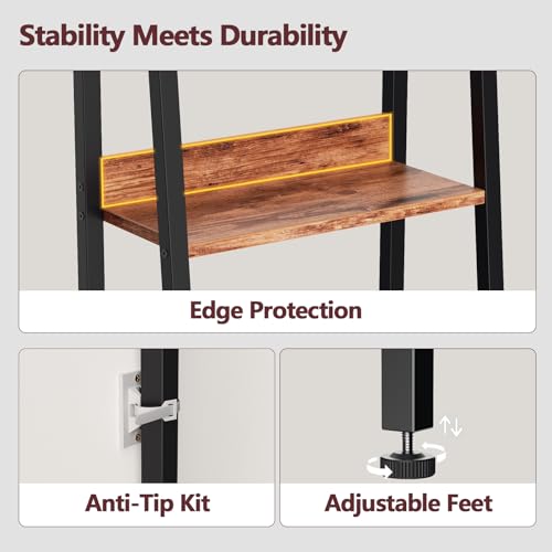 Furologee Rustic Brown 6-Tier Ladder Shelf with Fabric Drawer - Tall Storage Bookcase