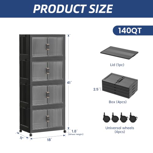 SAILUN 140Qt Stackable Storage Bins with Lid - Black | 4 Pack, 18x11x41 inches