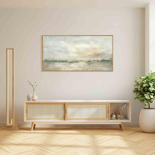 Neutral Green Gray Pastel Framed Canvas Wall Art - Lake Landscape, 40x20 inches Variation of THIS listing