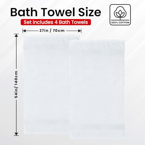 Infinitee Xclusives White Bath Towels 4-Pack - 100% Ring-Spun Cotton, Luxurious & Absorbent