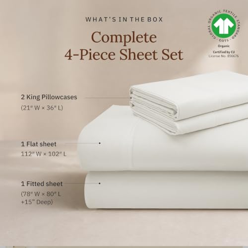 King Organic Cotton Bed Sheets - Soft Cream, 4-Piece Sateen Set