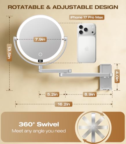8-Inch Wall Mounted Lighted Makeup Mirror with Digital Display & Magnification