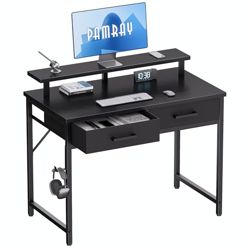 Small Computer Desk with Monitor Stand & Drawers - Black, 32 Inch