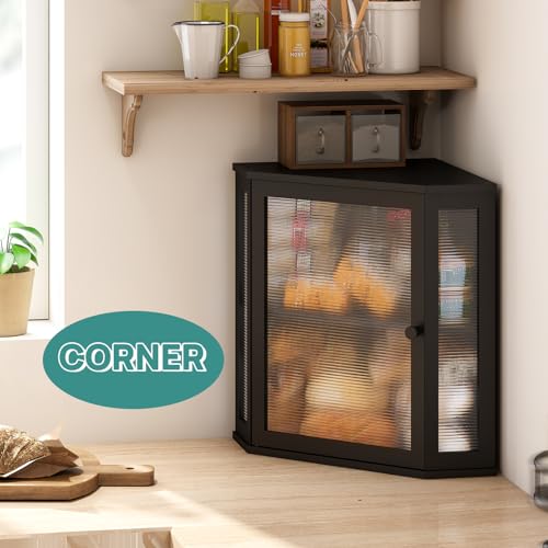 Black Extra Large Corner Bread Box with Bamboo Wood & Acrylic Wavy Door