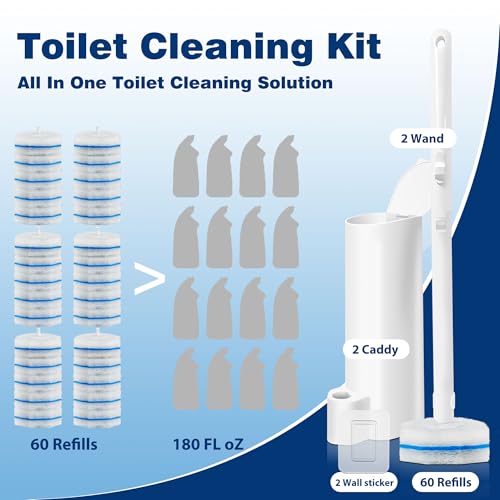 2 Pack Disposable Toilet Brush with 60 Refills, Wall Mount & Holder Kit, Bathroom Cleaning Supplies