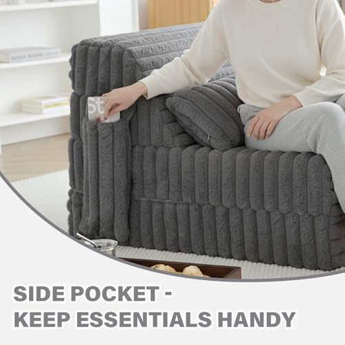 Tiita Corduroy Grey Folding Sofa Bed - Single Size Convertible Lounge Chair Mattress with Pillow & Side Pocket