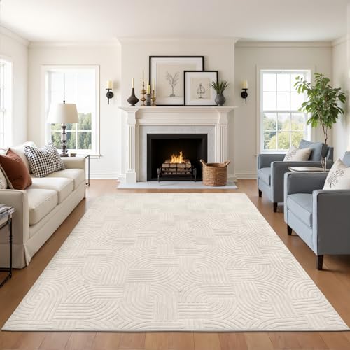 Beige 5x7 Area Rug for Living Room & Bedroom - Non-Slip Plush Carpet