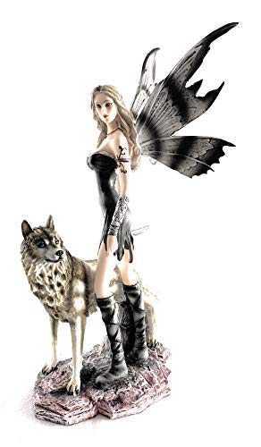 Fantasy Fairy and Snow Wolf Figurine - Handcrafted 11x8 Inch Collectible Sculpture