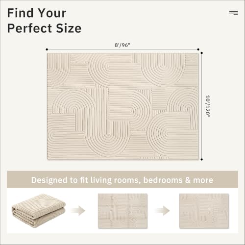 8x10 Beige Washable Area Rug with High-Low Pile for Living Room - Modern Geometric Design
