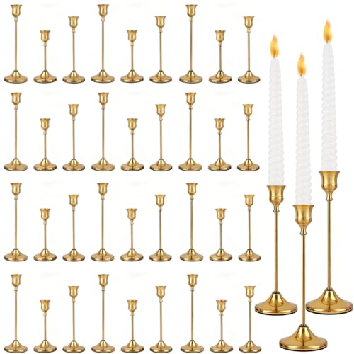 36PCS Gold Brass Taper Candle Holders Set - Vintage Metal Layered Design - Includes 3 Heights