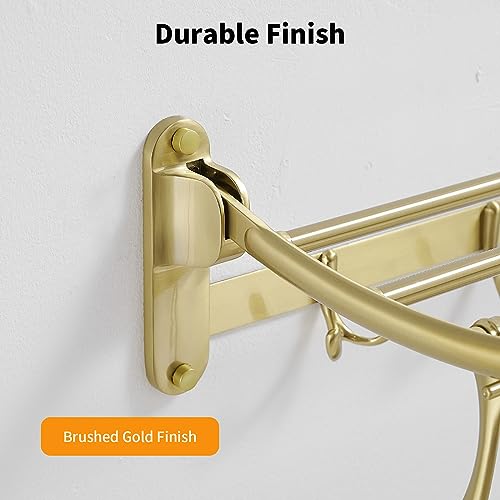 Wall Mounted Brushed Gold Towel Rack with Foldable Bar Hooks - Bathroom & Bedroom Use