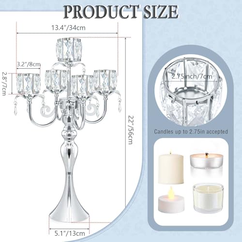 2Pcs Silver 5-Arm Crystal Pendant Metal Candle Holder with Square