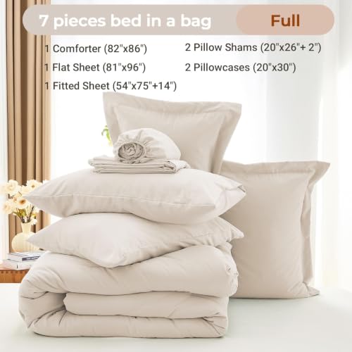 Full Comforter Set 7 Pieces - Beige / 82x86 Bed in a Bag, Soft Breathable Microfiber