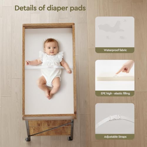 Baby Changing Table with Pad - Rustic Brown 2-Tier Diaper Station, Portable & Safe