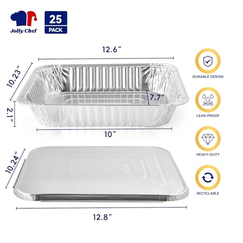 9x13 Disposable Aluminum Foil Pans with Lids - 25 Pack, Heavy Duty, Leakproof