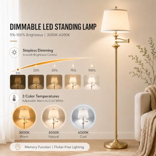 Wio-Mio Vintage Gold Floor Lamp with Adjustable Swing Arm and Remote Control