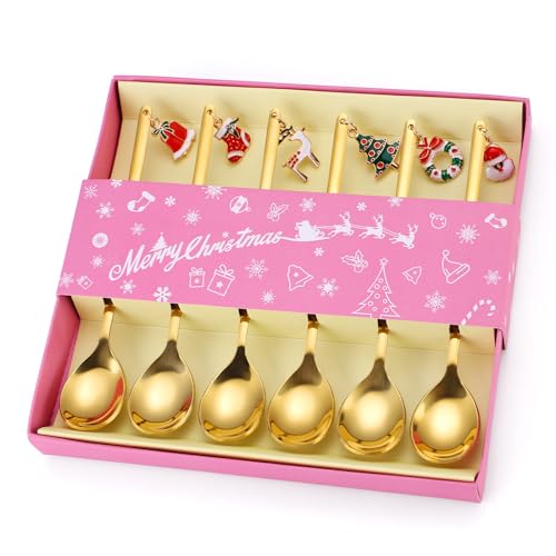 Christmas 6pcs Gold Stainless Steel Coffee Spoon Set - Festive Holiday Flatware