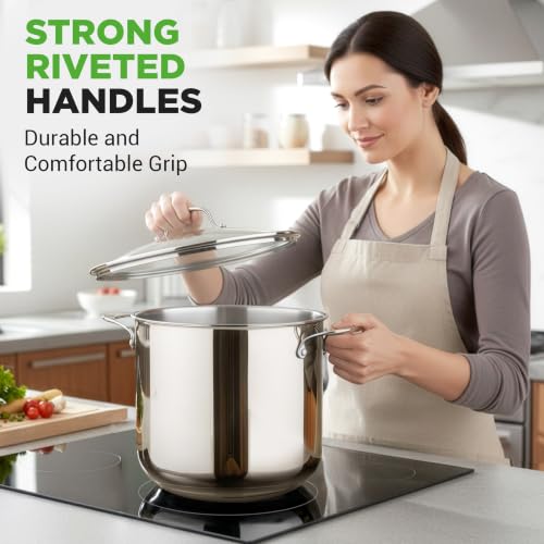 NutriChef 15-Quart Stainless Steel Stock Pot with Glass Lid, Induction Compatible