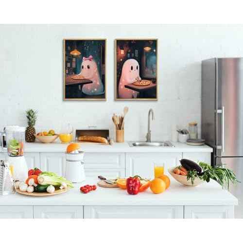 2Pcs Halloween Canvas Wall Art Pink Academic Romantic Ghost Posters Prints Cute Ghost Restaurant Eating Pizza Pictures Wall Decor for Living room Restaurant Kitchen Decoration Unframed