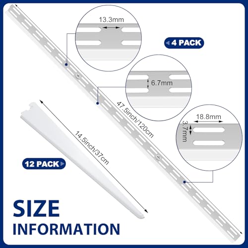 Wall Shelving System with Brackets - 16 Pcs White Track & Upright Rails Set Variation of 16/White