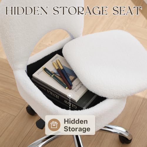 White Foldable Home Office Vanity Chair with Storage & Swivel