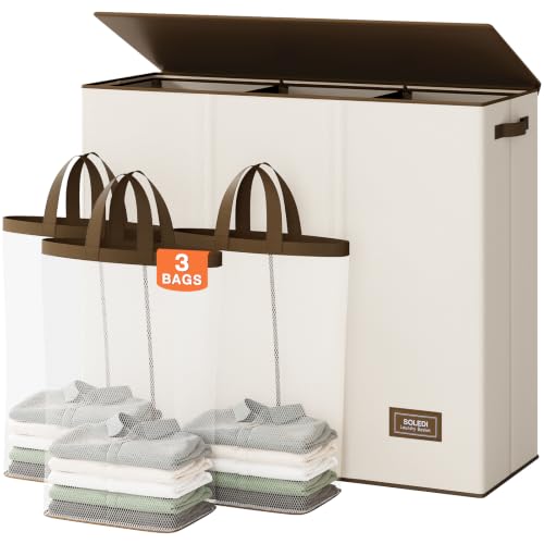 SOLEDI Off-White 180L Large 3-Section Laundry Hamper with Removable Mesh Bags