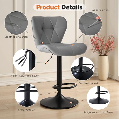 Sweetcrispy Set of 2 Grey Adjustable Faux Leather Bar Stools with Swivel