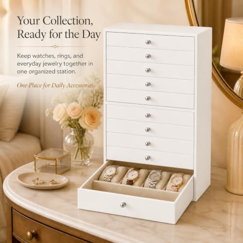 GUKA White 10-Layer Large Jewelry Storage Box, Organizer for Rings Earrings Watches