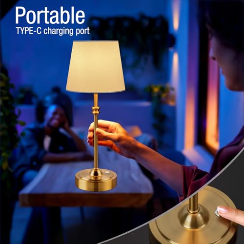 ONEWISH Golden Cordless Rechargeable Table Lamp 4000mAh Touch Dimmable Fabric Shade