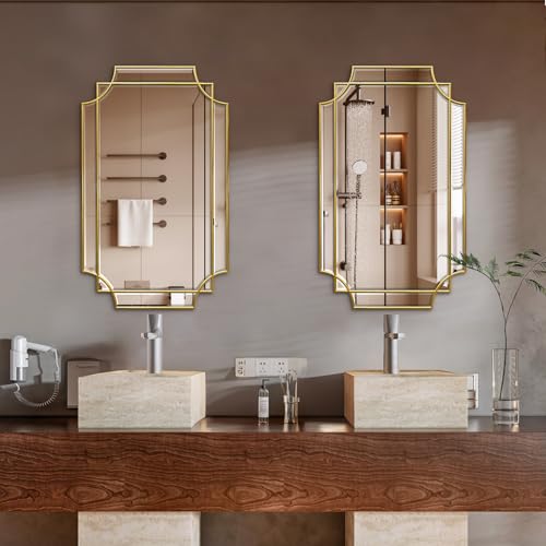 HQiJun 30x20 Inch Gold Wall Mirror with Wooden Frame — Beveled Irregular Rectangle Design for Bedroom & Living Room