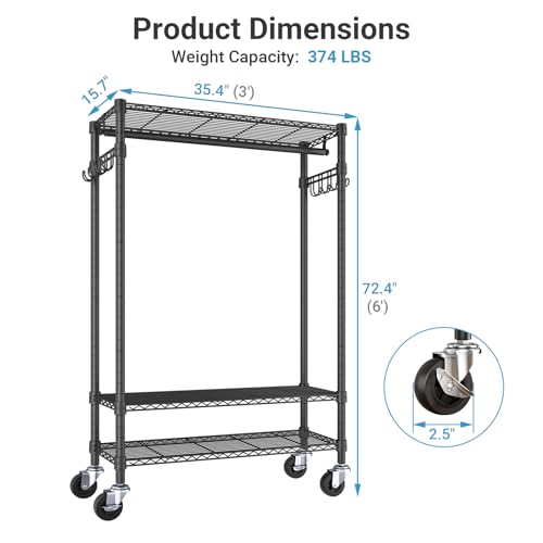 Heavy Duty Portable Clothes Rack with Lockable Wheels - Black, R3 Standard