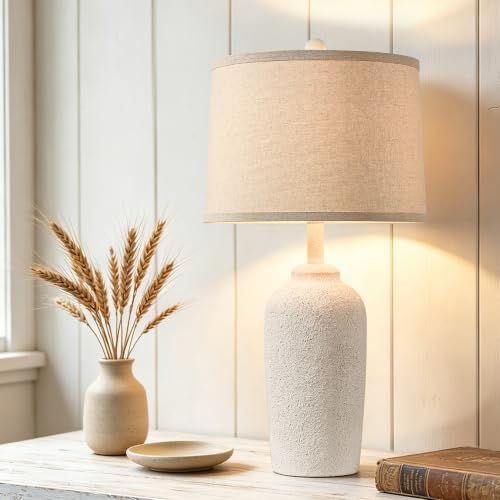 Farmhouse Table Lamp for Living Room & Bedroom - Antique White Stone-Like Bedside Lamp